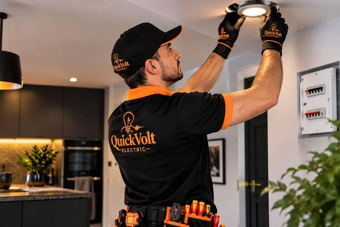 A QuickVolt Electric engineer fitting a ceiling downlight in a kitchen