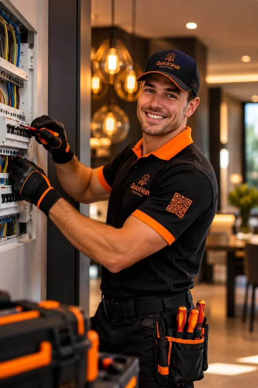 A smiling QuickVolt Electric engineer working on a consumer unit