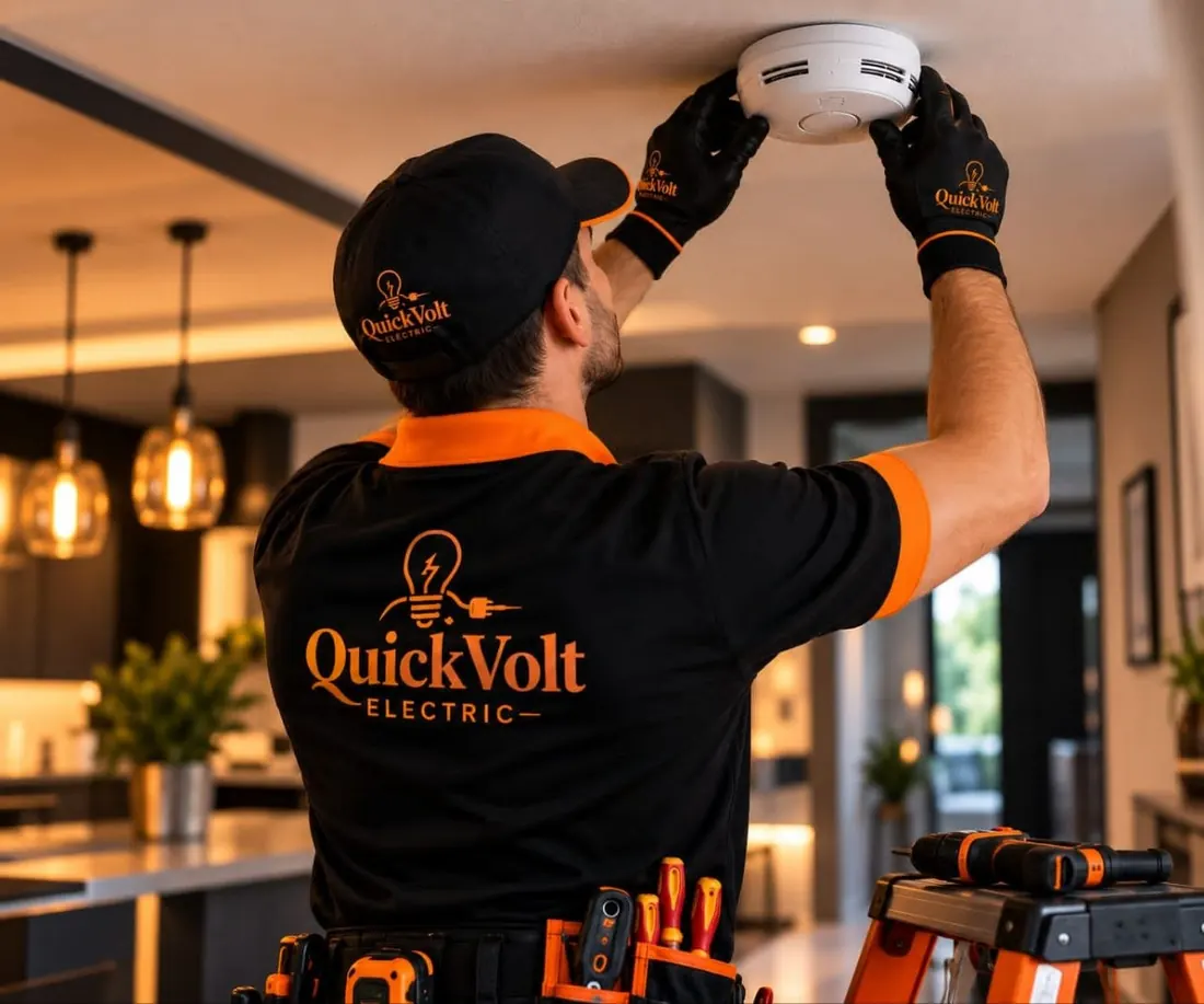 An electrician fitting a smoke alarm to a ceiling